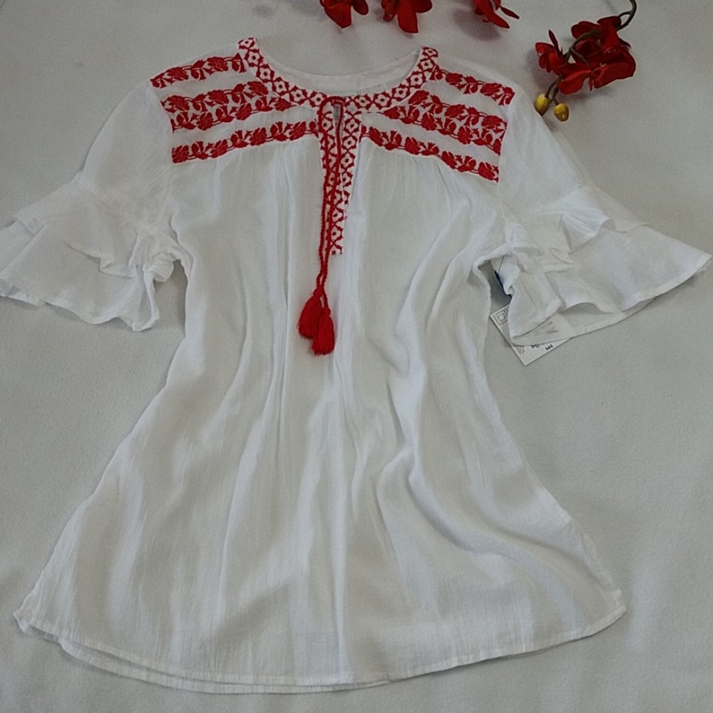 NEW Liz Claiborne Flowy Tunic Red Embroidered Tassel Tie White Flutter Sleeve Lg